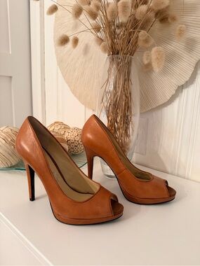 Ralph Lauren Cognac Tan Peep-Toe Stiletto Heels